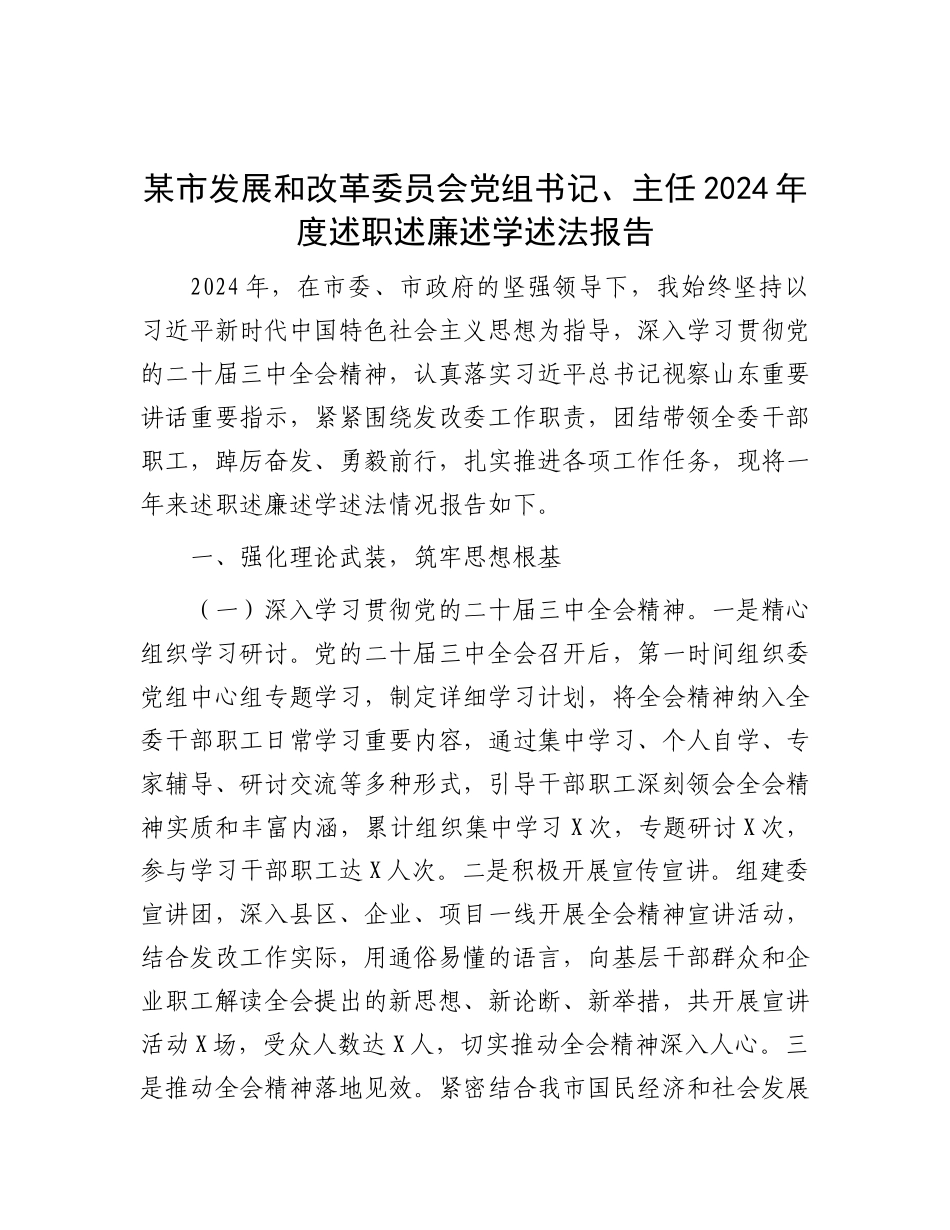 某市发展和改革委员会X组书记、主任2024年度述职述廉述学述法报告.docx_第1页