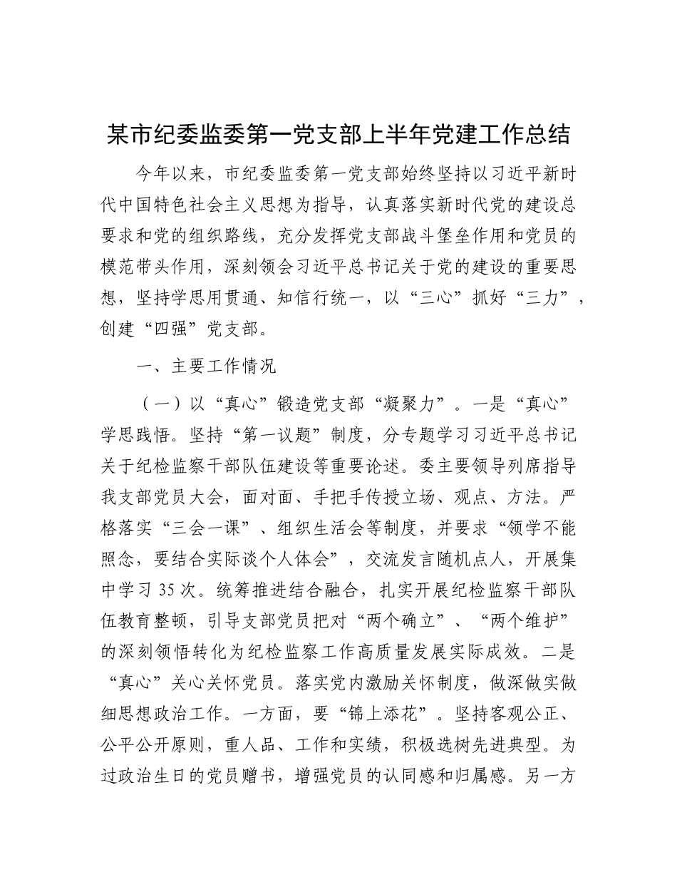 某市纪委监委第一X支部上半年X建工作总结.docx_第1页