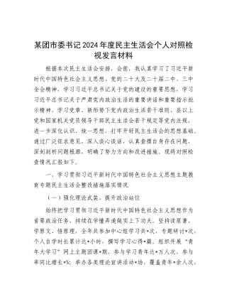 某团市委书记2024年度民主生活会个人对照检视发言材料.docx