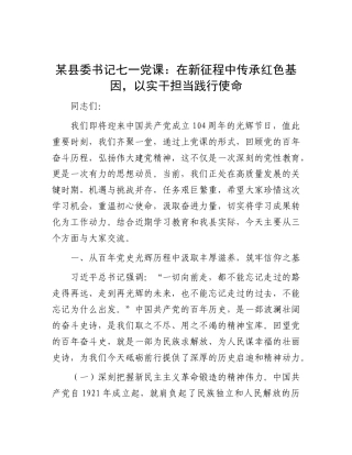 某县委书记七一X课：在新征程中传承红色基因，以实干担当践行使命.docx