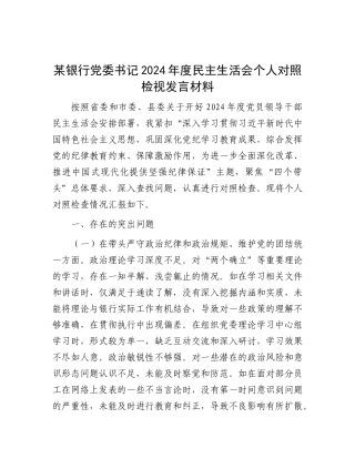 某银行X委书记2024年度民主生活会个人对照检视发言材料.docx
