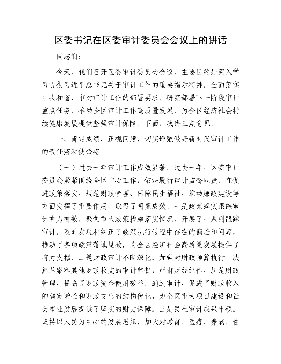 区委书记在区委审计委员会会议上的讲话.docx_第1页