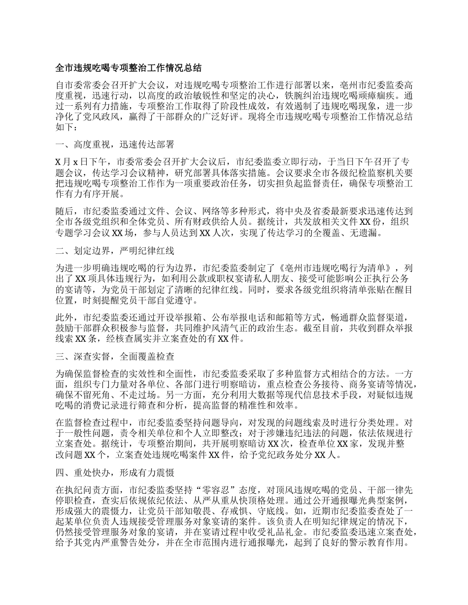全市违规吃喝专项整治工作情况总结.docx_第1页