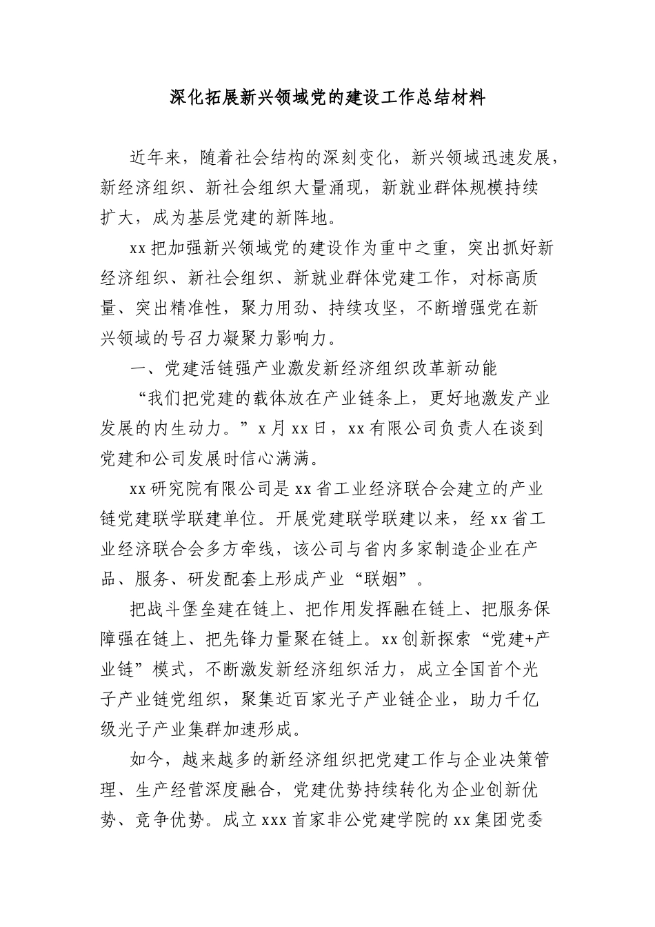 深化拓展新兴领域X的建设工作总结材料.docx_第1页