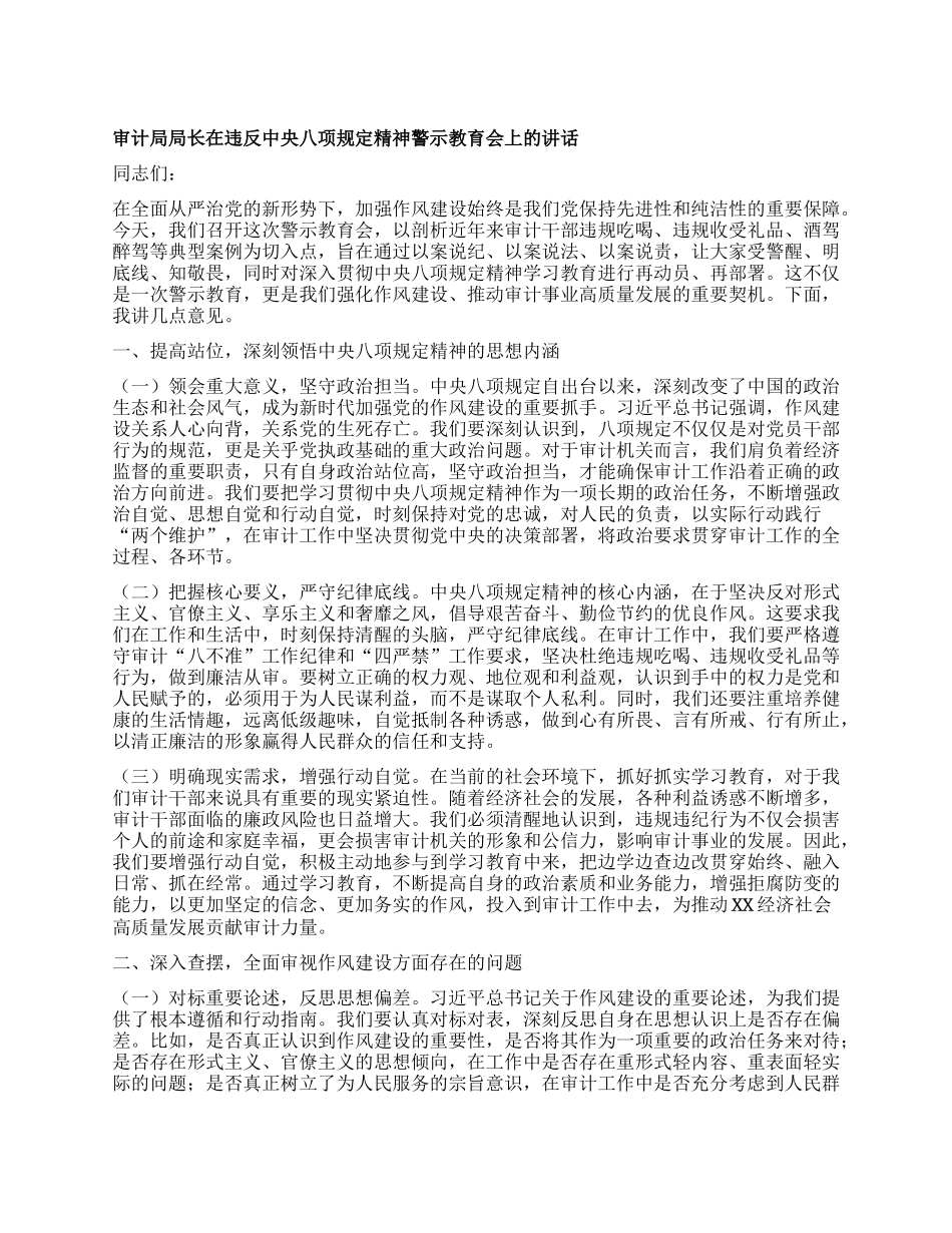 审计局局长在违反中央XXXX精神警示教育会上的讲话.docx_第1页