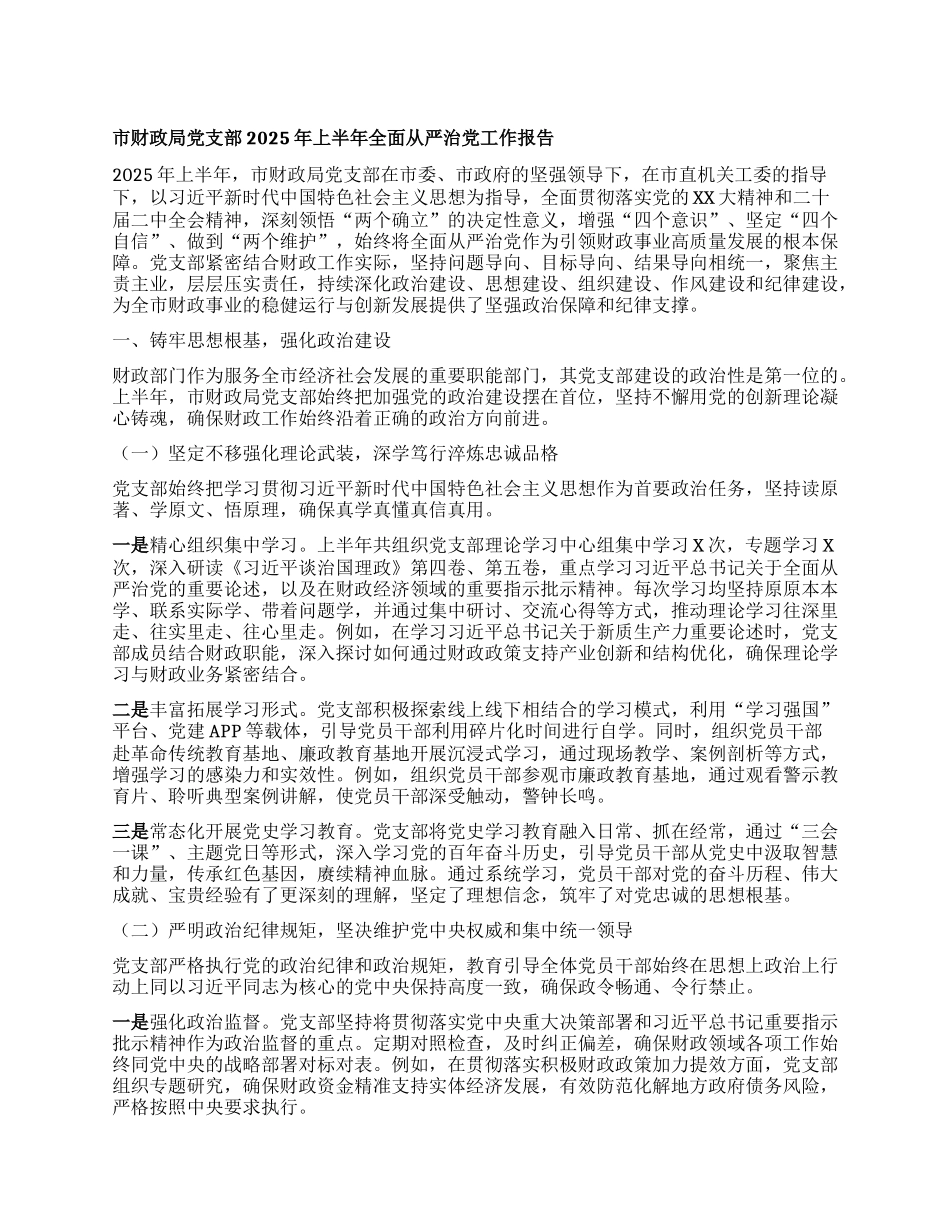 市财政局X支部2025年上半年全面从严治X工作报告.docx_第1页