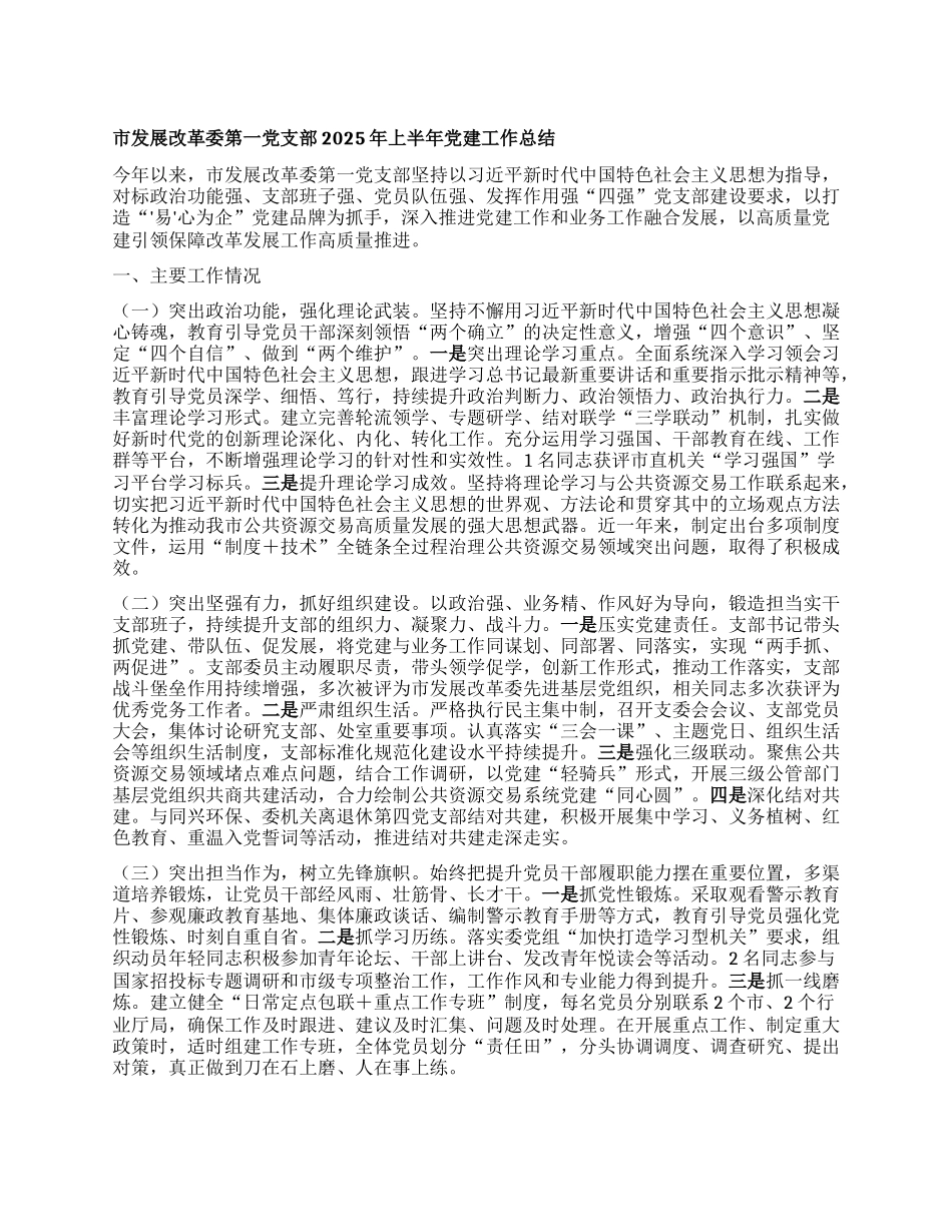 市发展改革委第一X支部2025年上半年X建工作总结.docx_第1页