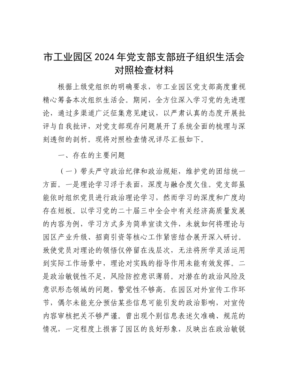 市工业园区2024年X支部支部班子组织生活会对照检查材料.docx_第1页