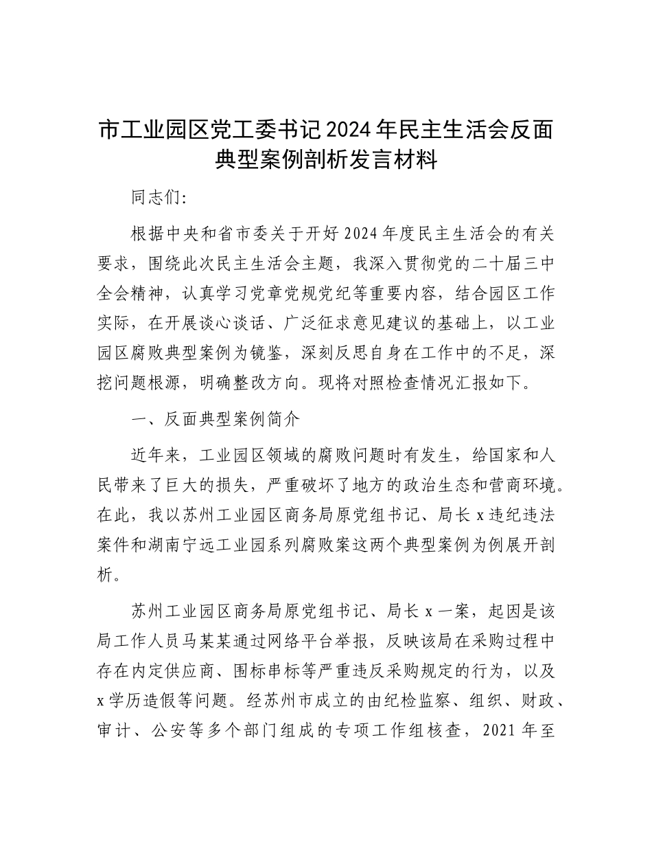 市工业园区X工委书记2024年民主生活会反面典型案例剖析发言材料.docx_第1页