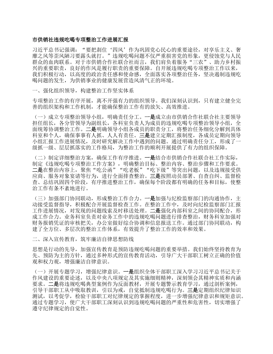 市供销社违规吃喝专项整治工作进展汇报.docx_第1页