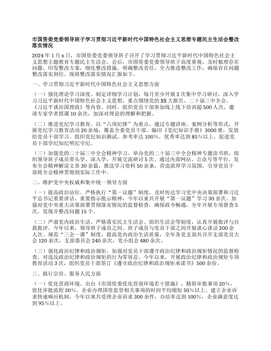 市国资委X委领导班子学习贯彻习近平新时代中国特色社会主义思想专题民主生活会整改落实情况.docx_第1页