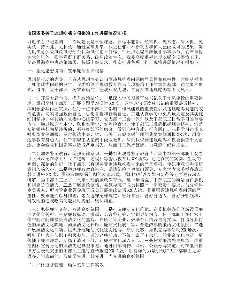 市国资委关于违规吃喝专项整治工作进展情况汇报.docx_第1页