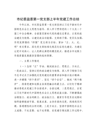 市纪委监委第一X支部上半年X建工作总结.docx