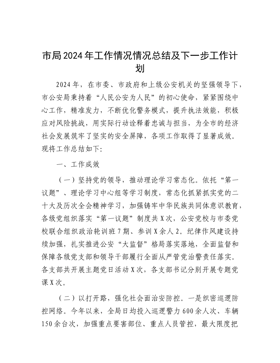 市局2024年工作情况情况总结及下一步工作计划.docx_第1页