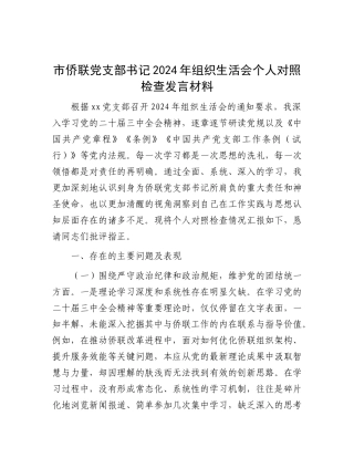 市侨联X支部书记2024年组织生活会个人对照检查发言材料.docx
