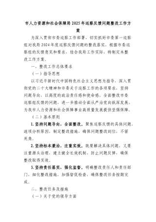市人力资源和社会保障局2025年巡察反馈问题整改工作方案.docx