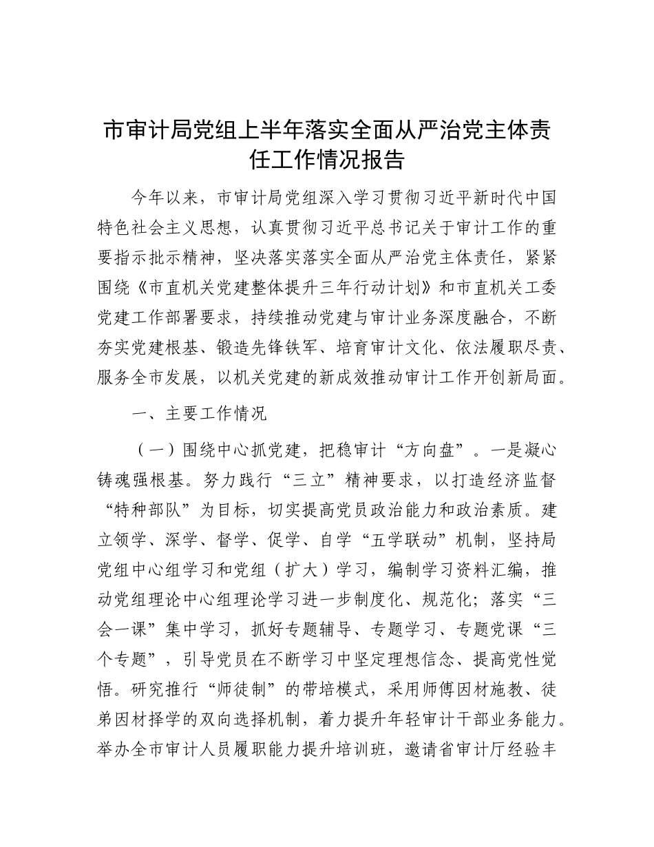 市审计局X组上半年落实全面从严治X主体责任工作情况报告.docx_第1页