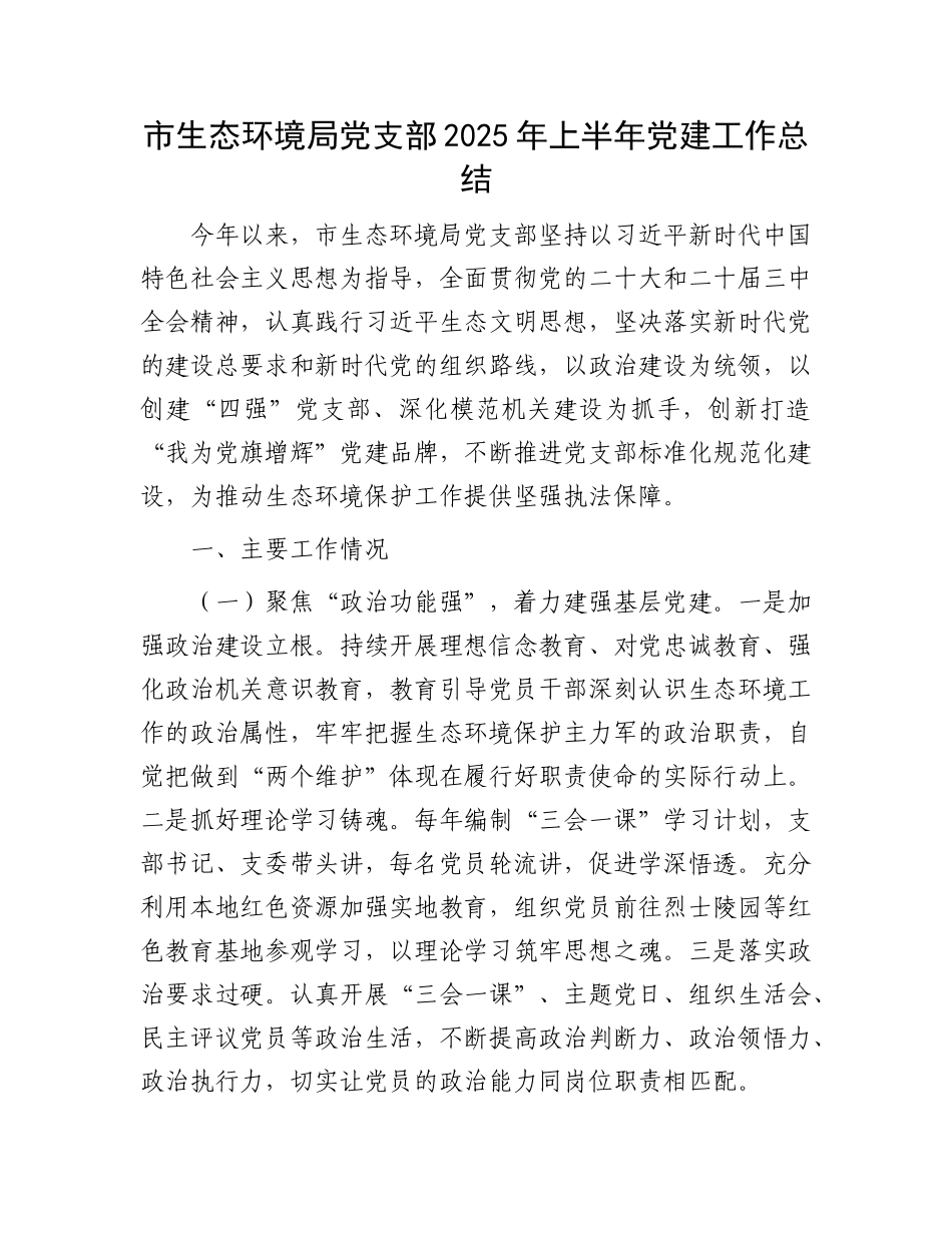 市生态环境局X支部2025年上半年X建工作总结.docx_第1页