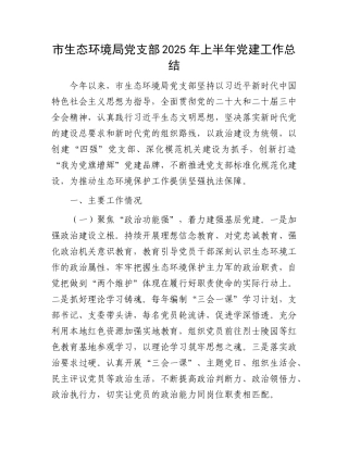 市生态环境局X支部2025年上半年X建工作总结.docx