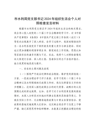市水利局X支部书记2024年组织生活会个人对照检查发言材料.docx