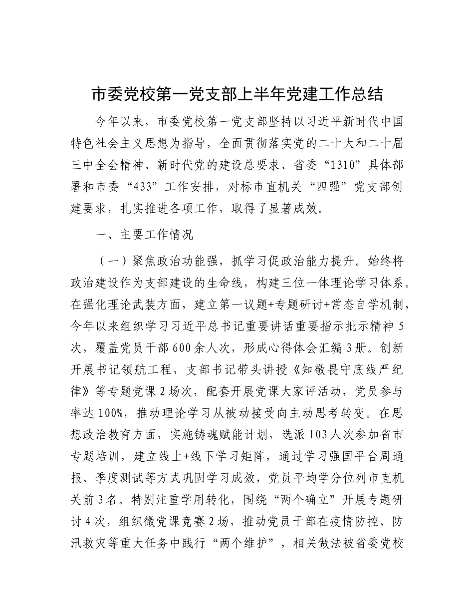 市委X校第一X支部上半年X建工作总结.docx_第1页