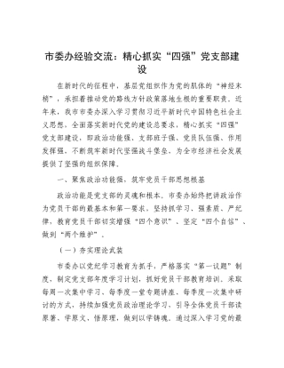 市委办经验交流：精心抓实 “四强” X支部建设.docx