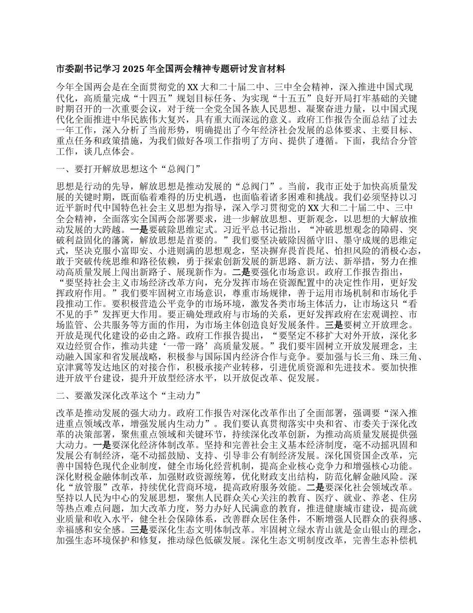 市委副书记学习2025年全国两会精神专题研讨发言材料.docx_第1页
