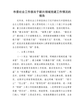 市委社会工作部关于新兴领域X建工作情况的报告.docx