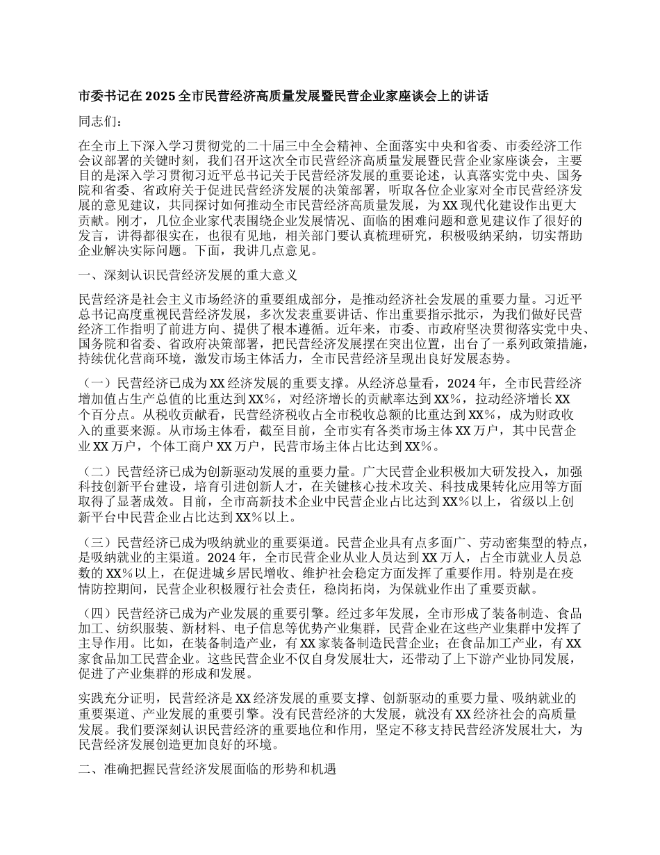 市委书记在2025全市民营经济高质量发展暨民营企业家座谈会上的讲话.docx_第1页