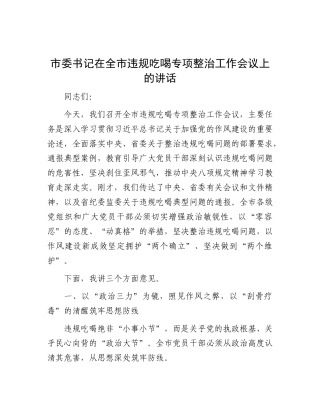 市委书记在全市违规吃喝专项整治工作会议上的讲话.docx