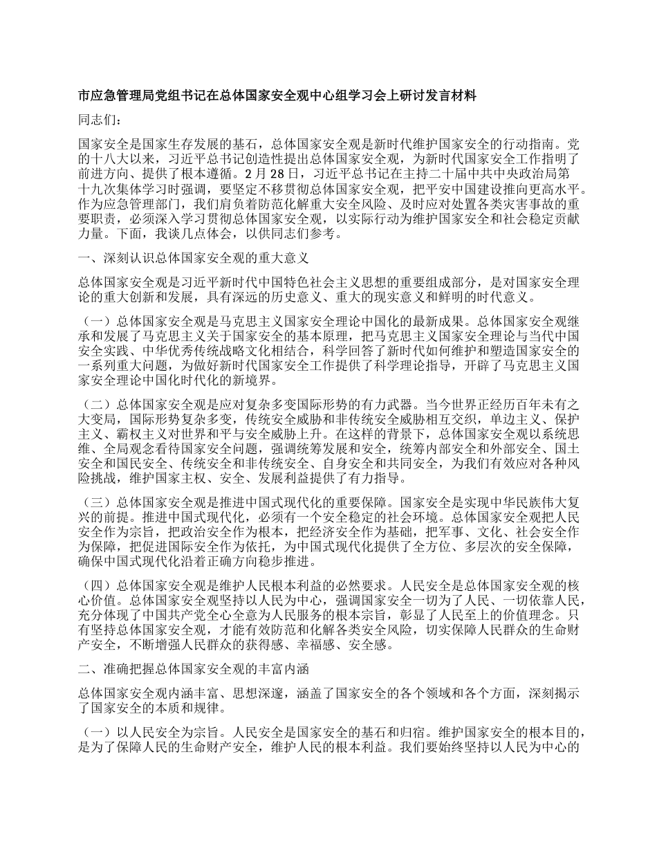 市应急管理局X组书记在总体国家安全观中心组学习会上研讨发言材料.docx_第1页