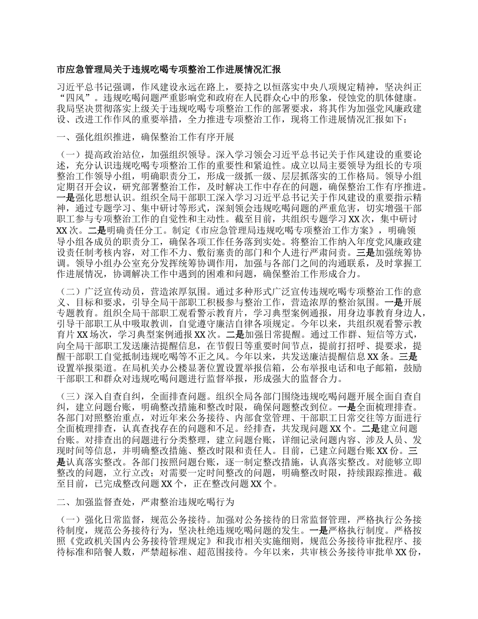 市应急管理局关于违规吃喝专项整治工作进展情况汇报.docx_第1页