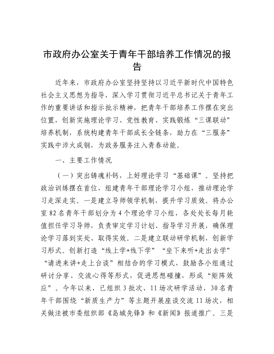 市政府办公室关于青年干部培养工作情况的报告.docx_第1页