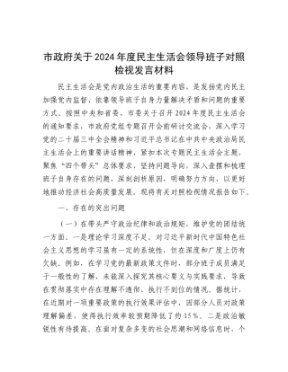 市政府关于2024年度民主生活会领导班子对照检视发言材料.docx