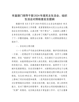 市直部门领导干部2024年度民主生活会、组织生活会对照检查发言提纲.docx