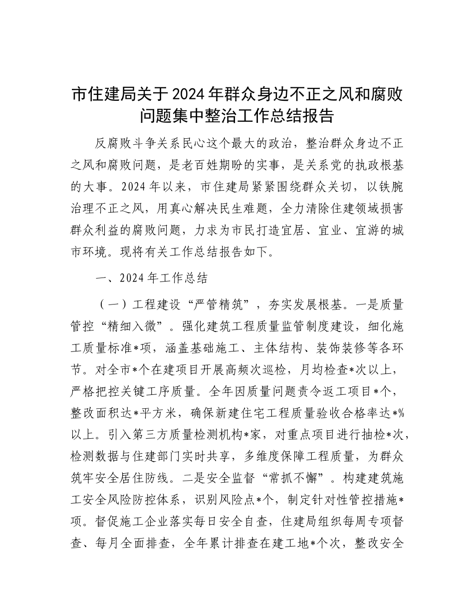 市住建局关于2024年群众身边不正之风和腐败问题集中整治工作总结报告.docx_第1页