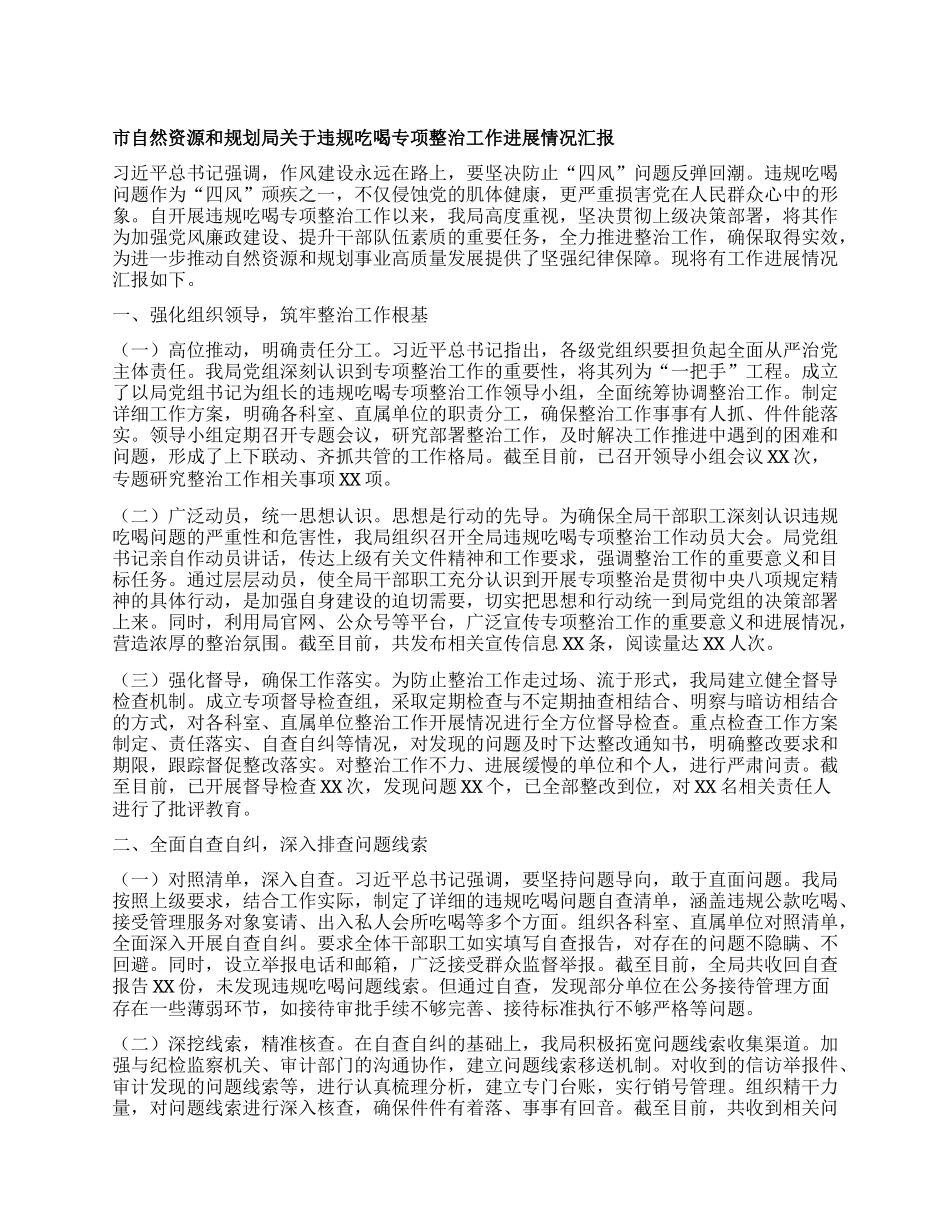 市自然资源和规划局关于违规吃喝专项整治工作进展情况汇报.docx_第1页