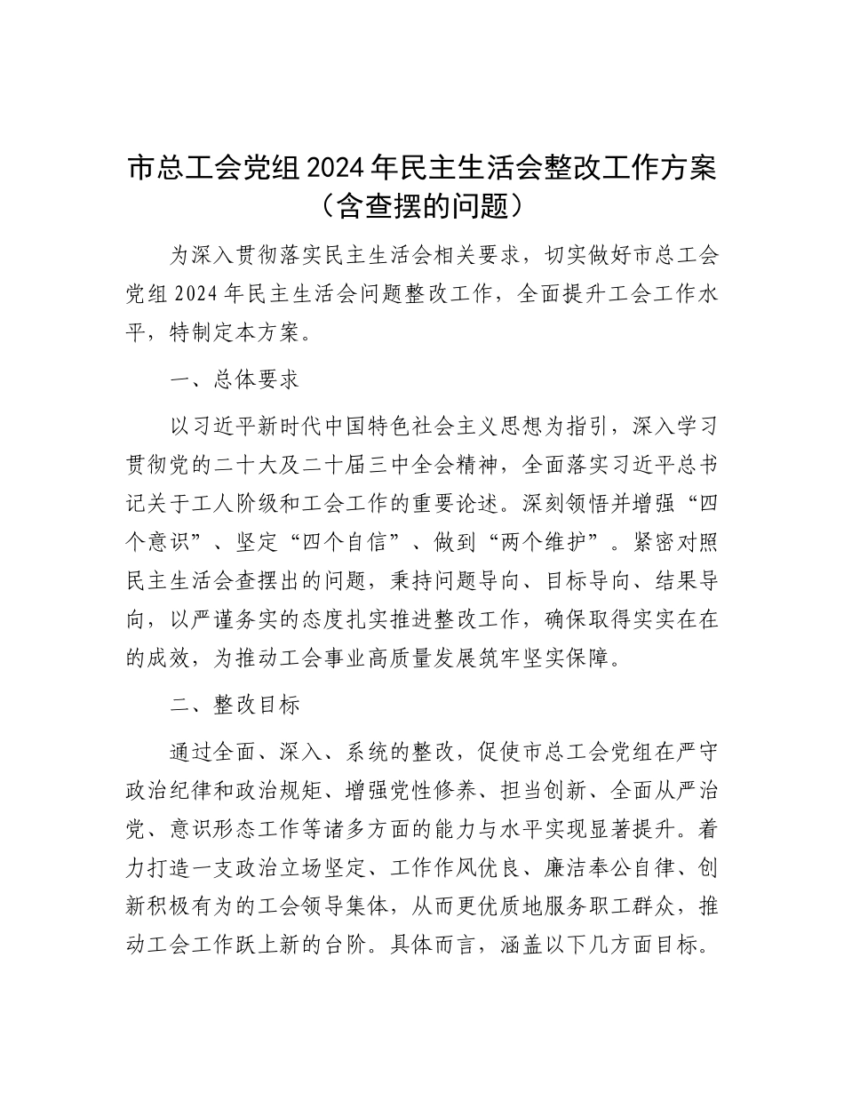 市总工会X组2024年民主生活会整改工作方案（含查摆的问题）.docx_第1页