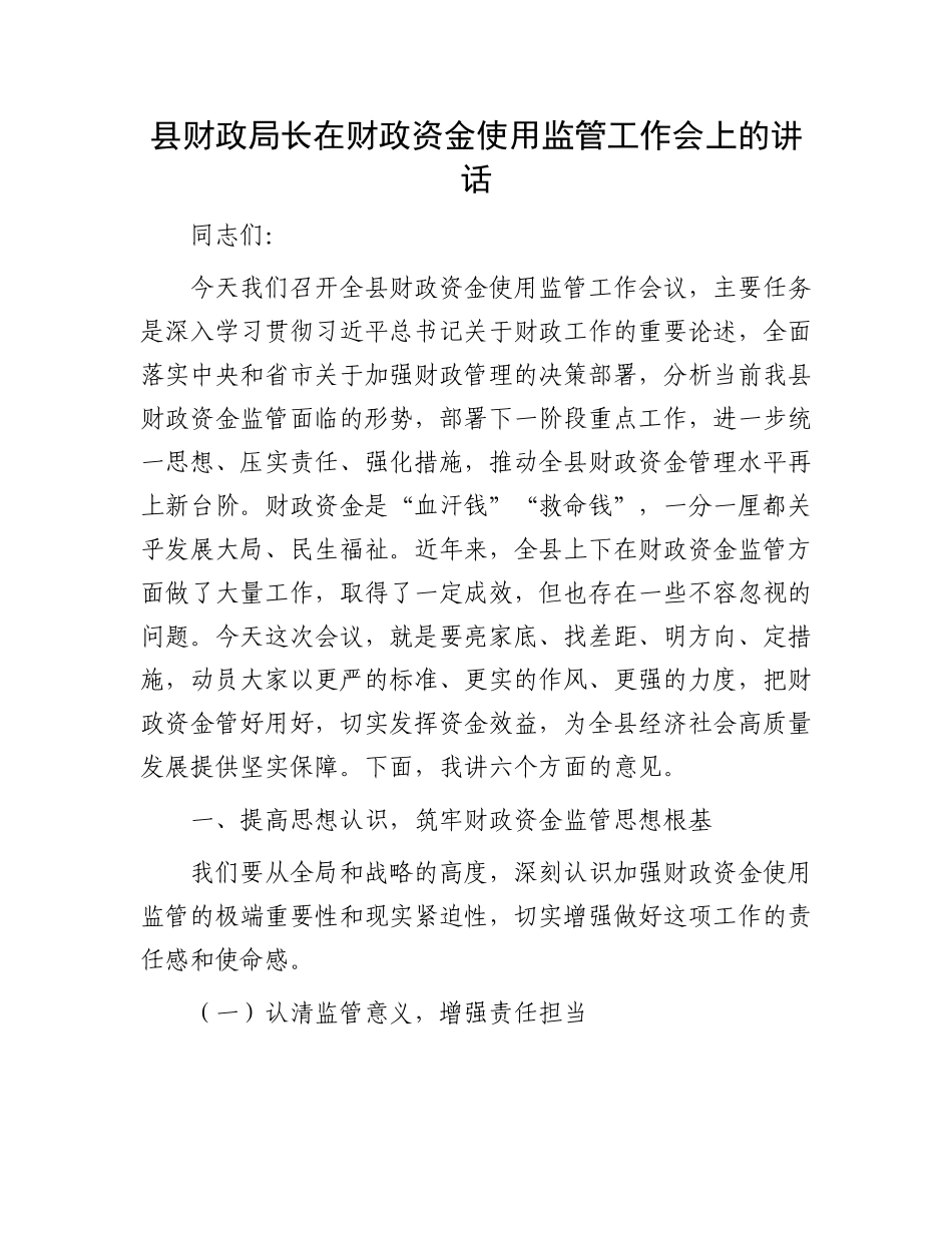县财政局长在财政资金使用监管工作会上的讲话.docx_第1页