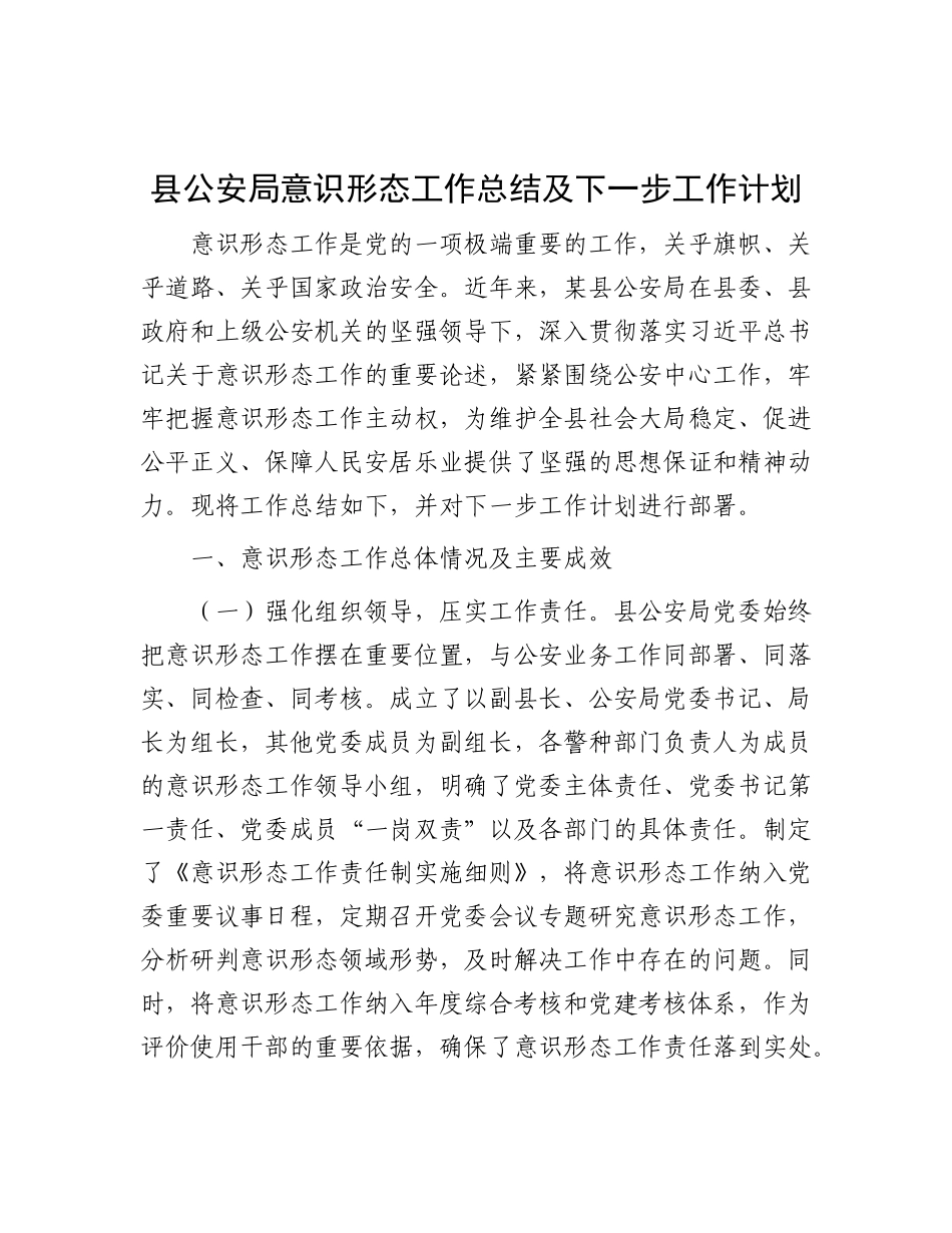 县公安局意识形态工作总结及下一步工作计划.docx_第1页