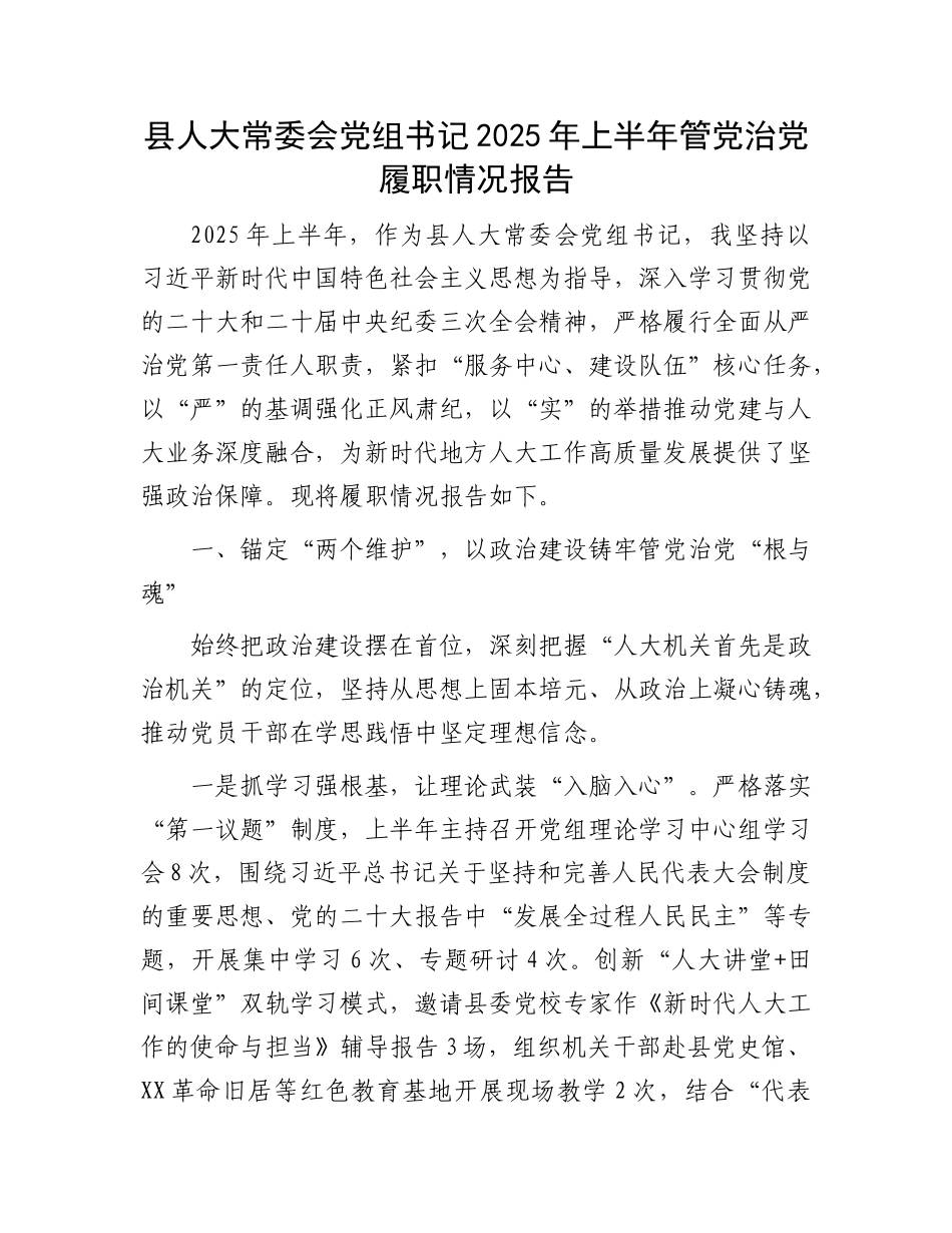 县人大常委会X组书记2025年上半年管X治X履职情况报告.docx_第1页