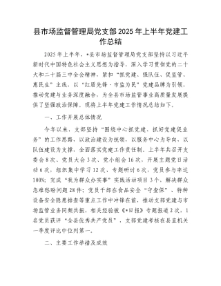 县市场监督管理局X支部2025年上半年X建工作总结.docx