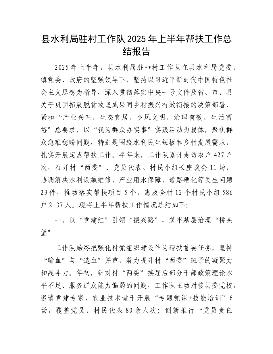 县水利局驻村工作队2025年上半年帮扶工作总结报告.docx_第1页