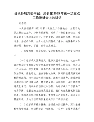 县税务局X委书记、局长在2025年第一次重点工作推进会上的讲话.docx