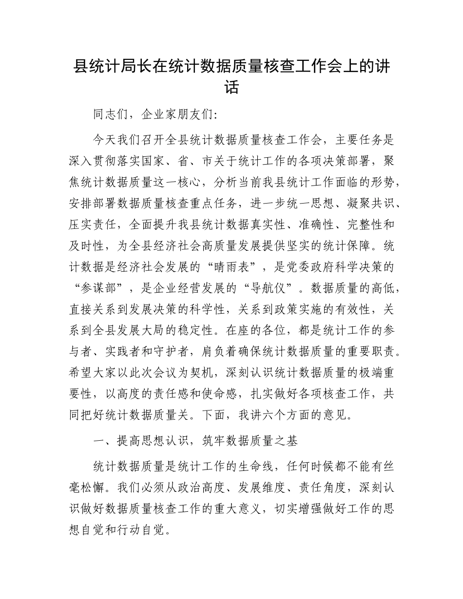 县统计局长在统计数据质量核查工作会上的讲话.docx_第1页