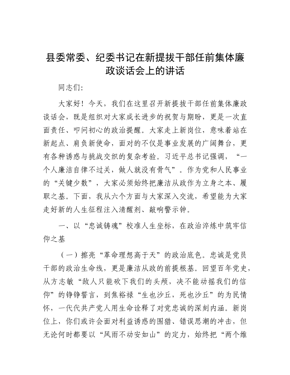县委常委、纪委书记在新提拔干部任前集体廉政谈话会上的讲话.docx_第1页
