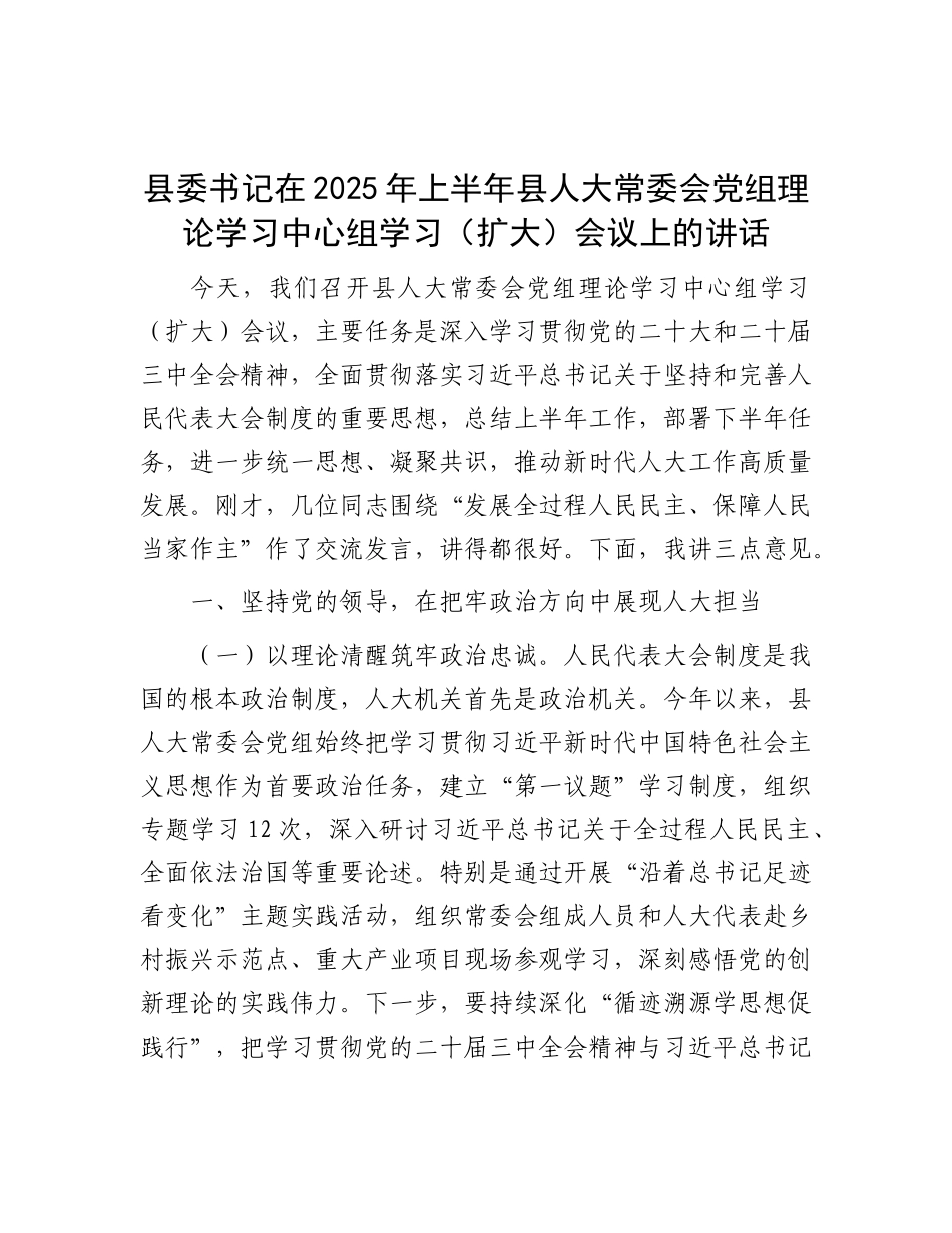 县委书记在2025年上半年县人大常委会X组理论学习中心组学习（扩大）会议上的讲话.docx_第1页