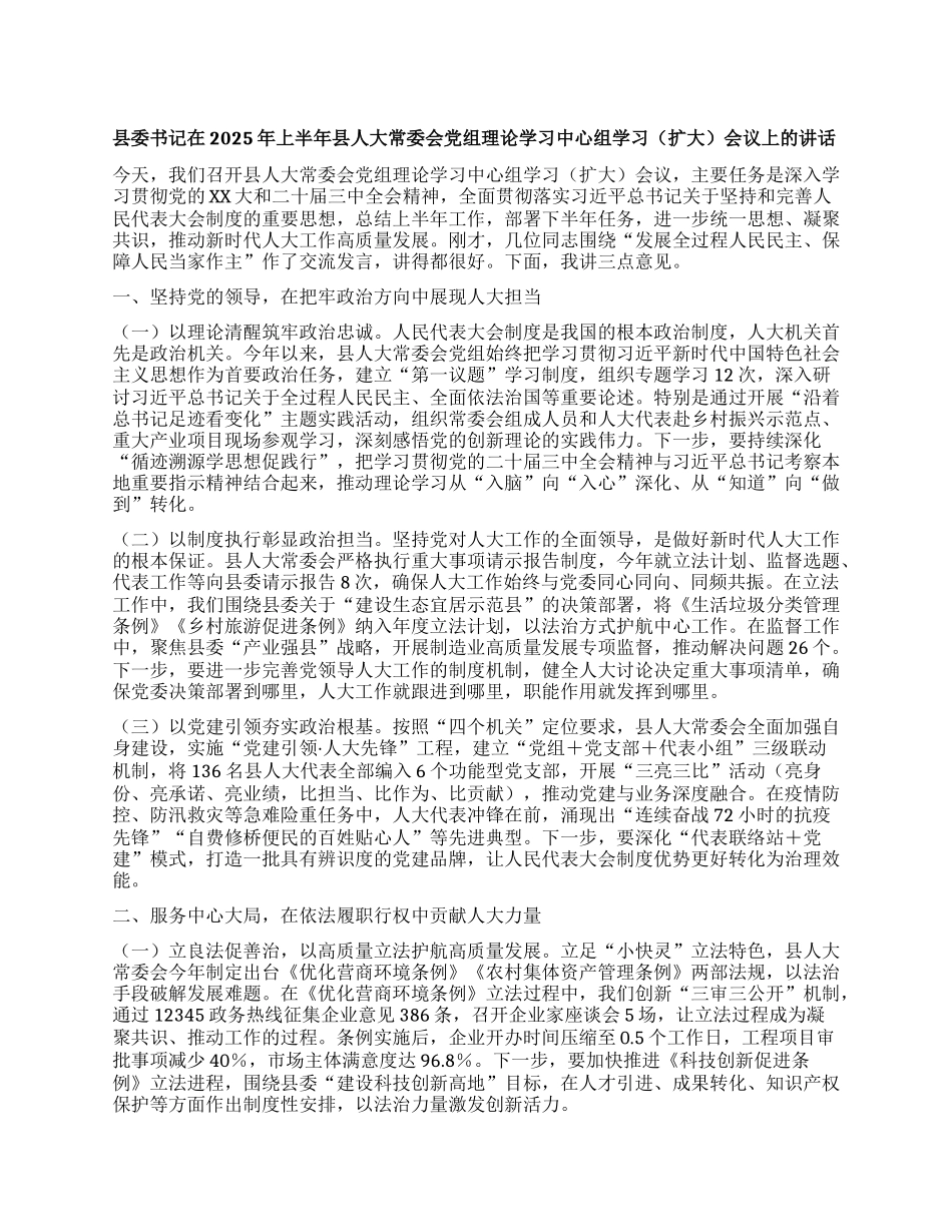 县委书记在2025年上半年县人大常委会X组理论学习中心组学习会议上的讲话.docx_第1页