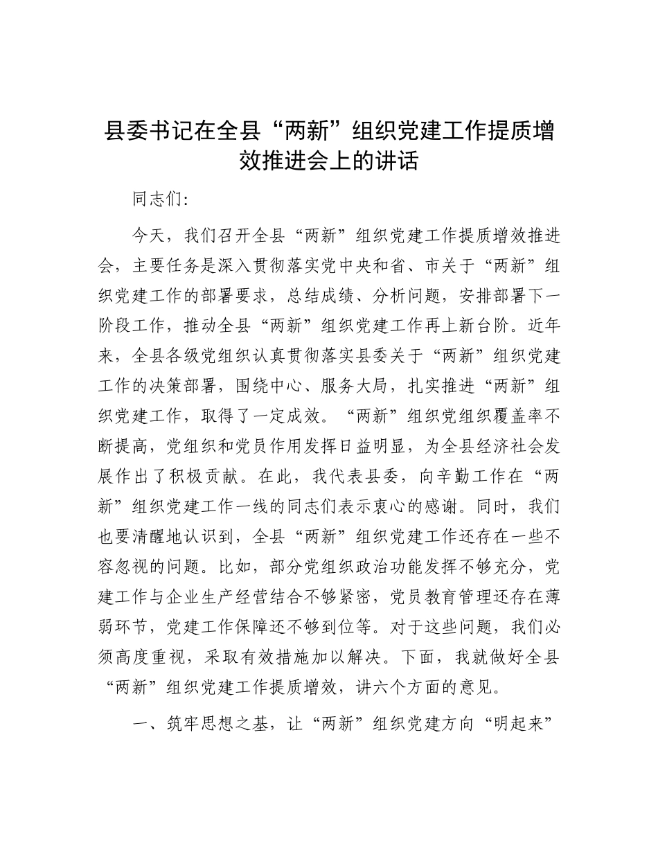 县委书记在全县“两新”组织X建工作提质增效推进会上的讲话.docx_第1页