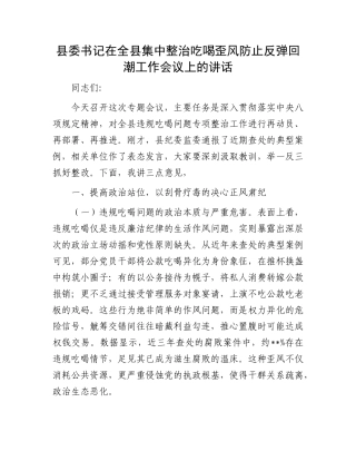 县委书记在全县集中整治吃喝歪风防止反弹回潮工作会议上的讲话.docx